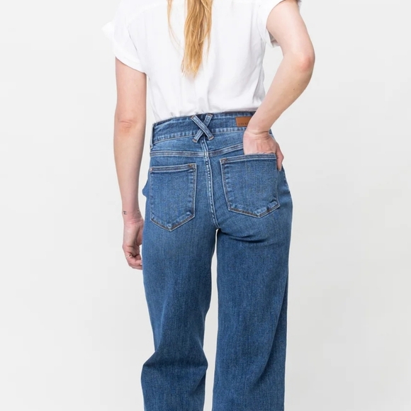 Judy Blue Mid Rise Trouser Wide Leg Jeans Medium Wash Blue - Picture 12 of 17